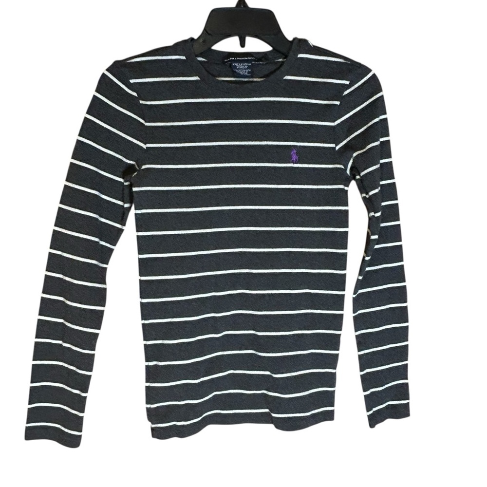 Ralph Lauren Sport Womens Striped Knit Shirt Medium Cotton LS Ponyβ Logo Gray